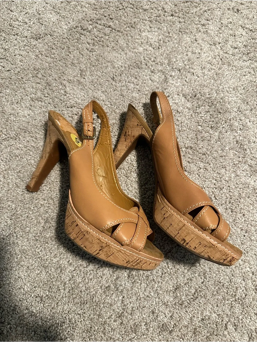 Women's Nine West Tan Cork Platform Peep Toe Slingback Heels Size 9